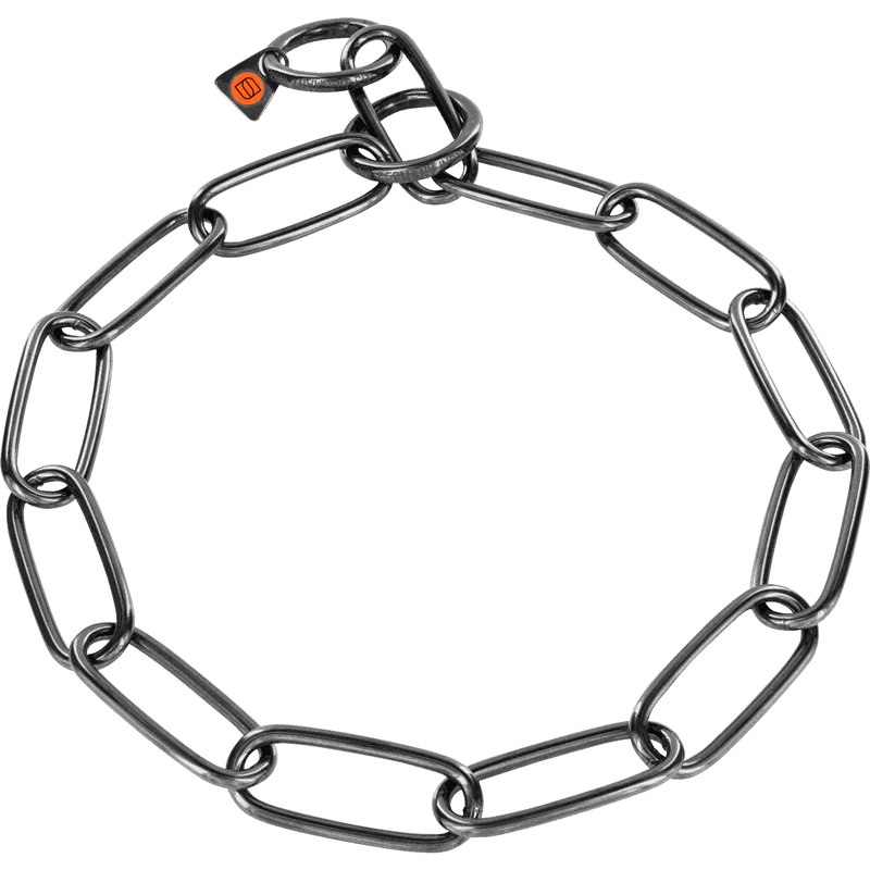Herm Sprenger 4mm black stainless steel long link fur saver check chain collar laid flat on white background, showing the elongated oval links and slide ring closure with orange Herm Sprenger logo tag.