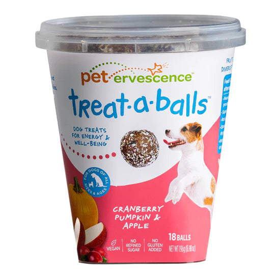 Pet Ervescence Treat-a-Ball Cranberry Pumpkin & Apple dog treats tub, front view showing a treat ball and a jumping Jack Russell terrier