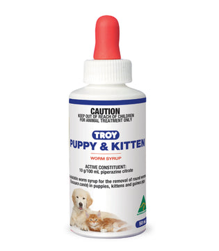 Troy Puppy & Kitten Worm Syrup 50ml bottle with dropper top, showing label details including piperazine citrate active constituent and images of a puppy and kitten