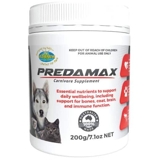 Vetafarm Predamax Carnivore Supplement 200g tub for dogs and cats, showing product label with dog and cat imagery and Australian Made badge.