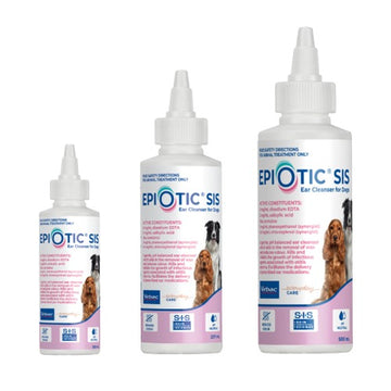 Virbac EpiOtic SIS Ear Cleanser for Dogs shown in three bottle sizes: 120 mL, 237 mL, and 500 mL
