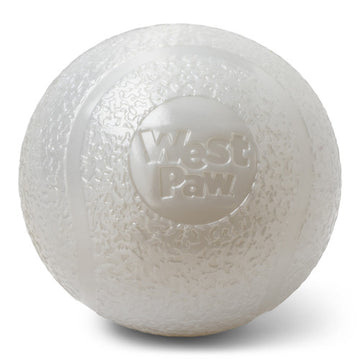 West Paw Boundr large glow-in-the-dark fetch ball in pale translucent white, showing textured surface and embossed West Paw logo, on a white background.