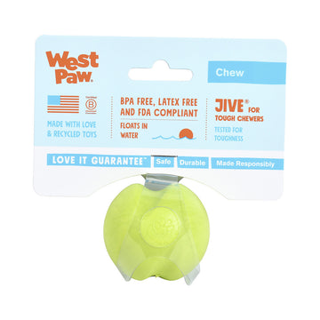 West Paw Jive fetch ball in granny smith green on retail packaging, showing BPA-free, latex-free and floats-in-water callouts