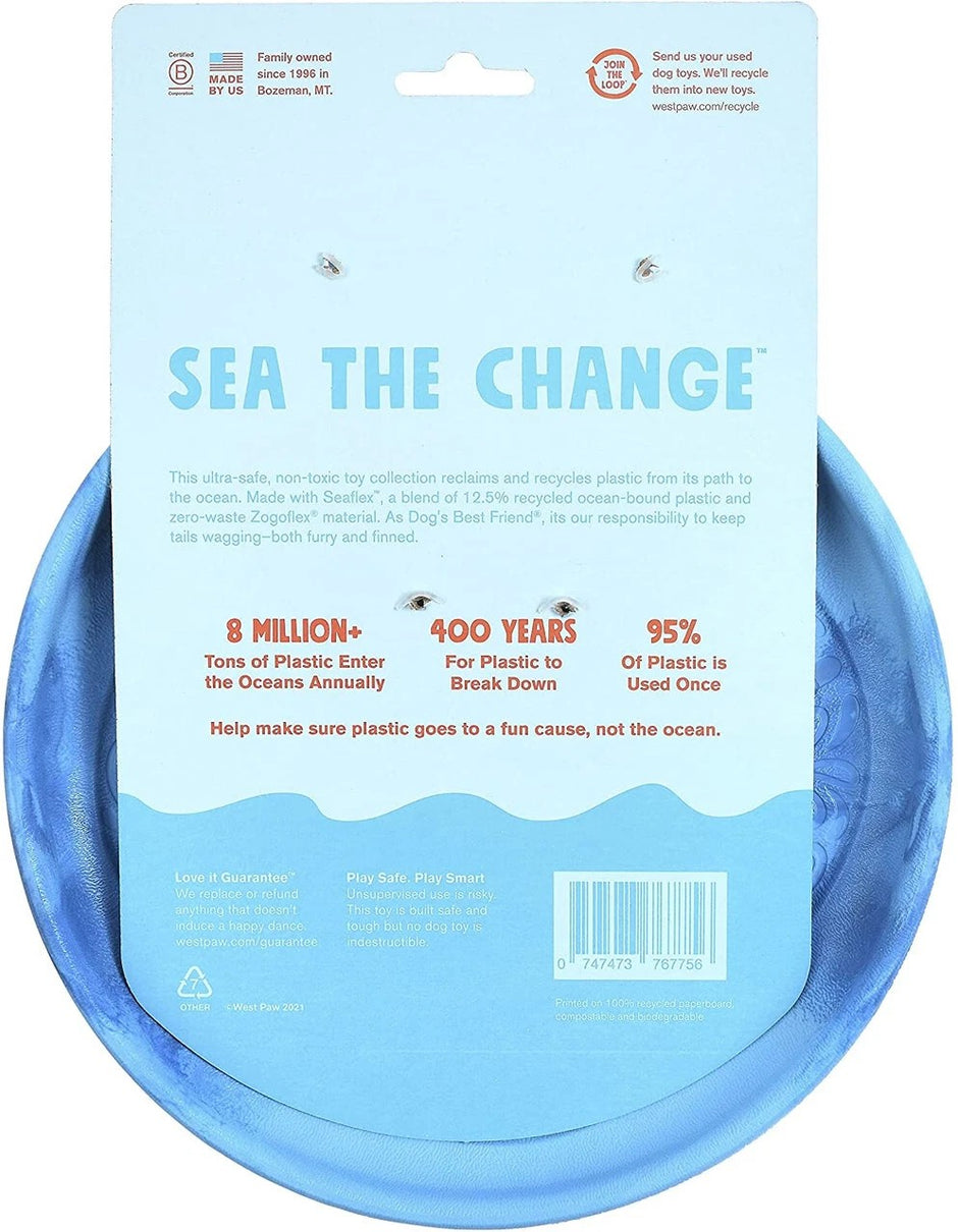 Back of West Paw Sailz packaging showing Seaflex material details and ocean plastic recycling facts
