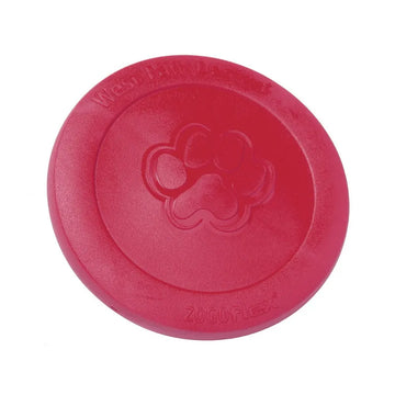 West Paw Zisc flying fetch dog toy in ruby red, showing the top of the disc with embossed paw print and Zogoflex branding, on a white background.