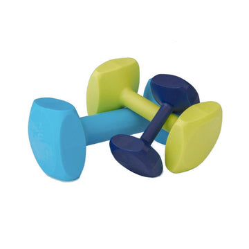 All three sizes of the Coachi Training Dumbbell shown together – light blue (large), lime (medium), and dark blue (small) moulded plastic dumbbells on a white background.