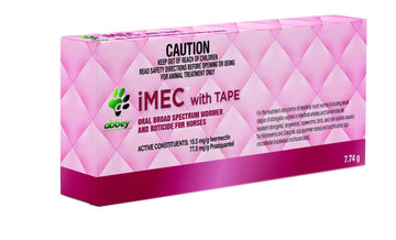 Abbey Laboratories iMEC with TAPE 7.74g oral broad spectrum wormer and boticide for horses — pink product box showing active constituents and parasite coverage.