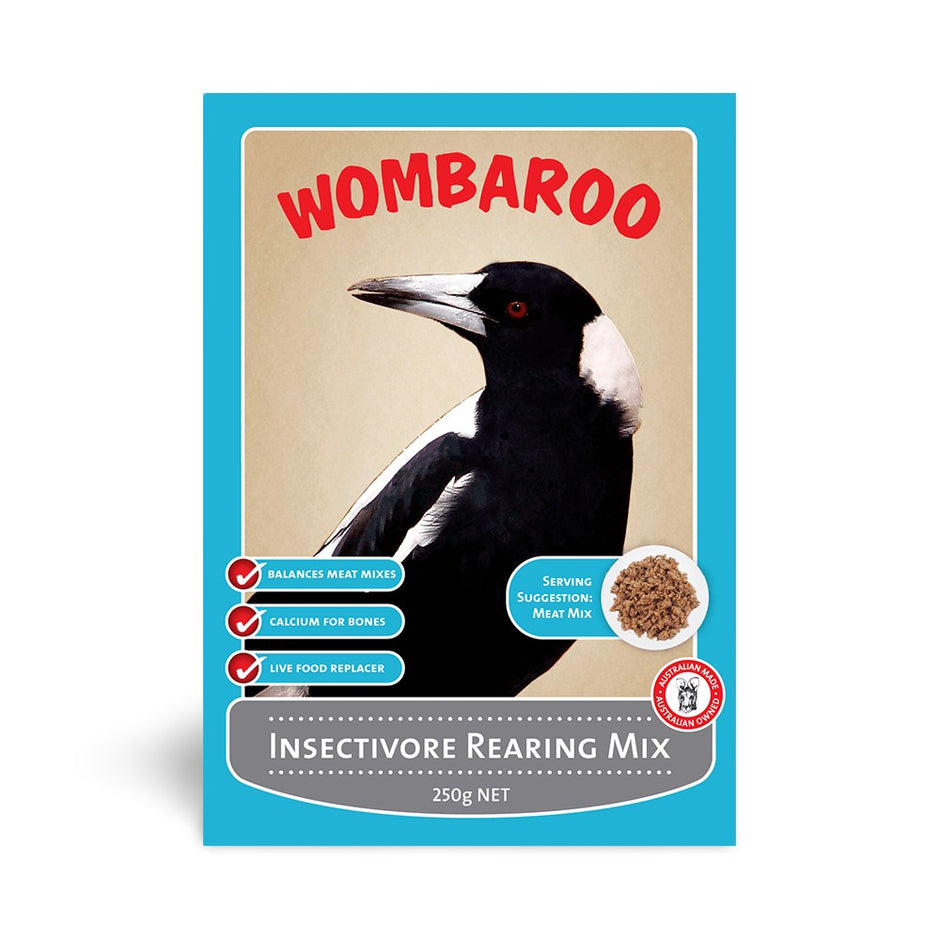 Wombaroo Insectivore Rearing Mix 250g box with an Australian magpie illustration, showing key features and a serving suggestion of meat mix
