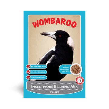 Wombaroo Insectivore Rearing Mix 250g box with an Australian magpie illustration, showing key features and a serving suggestion of meat mix