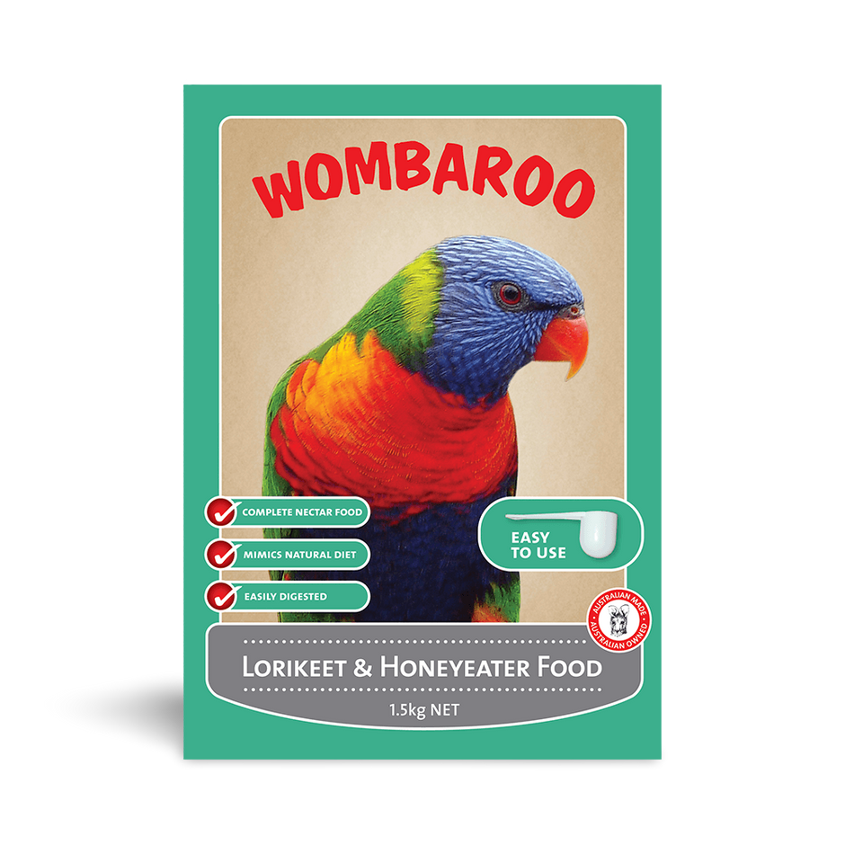 Wombaroo Lorikeet & Honeyeater Food packaging featuring a rainbow lorikeet, with key product callouts: complete nectar food, mimics natural diet, easily digested.