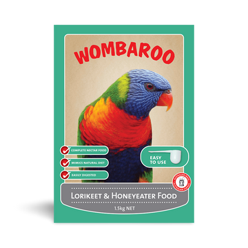Wombaroo Lorikeet & Honeyeater Food packaging featuring a rainbow lorikeet, with key product callouts: complete nectar food, mimics natural diet, easily digested.