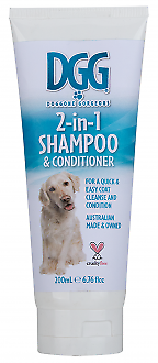 DGG 2-in-1 Shampoo & Conditioner for Dogs in a 200ml white tube with blue and silver label, Australian Made.