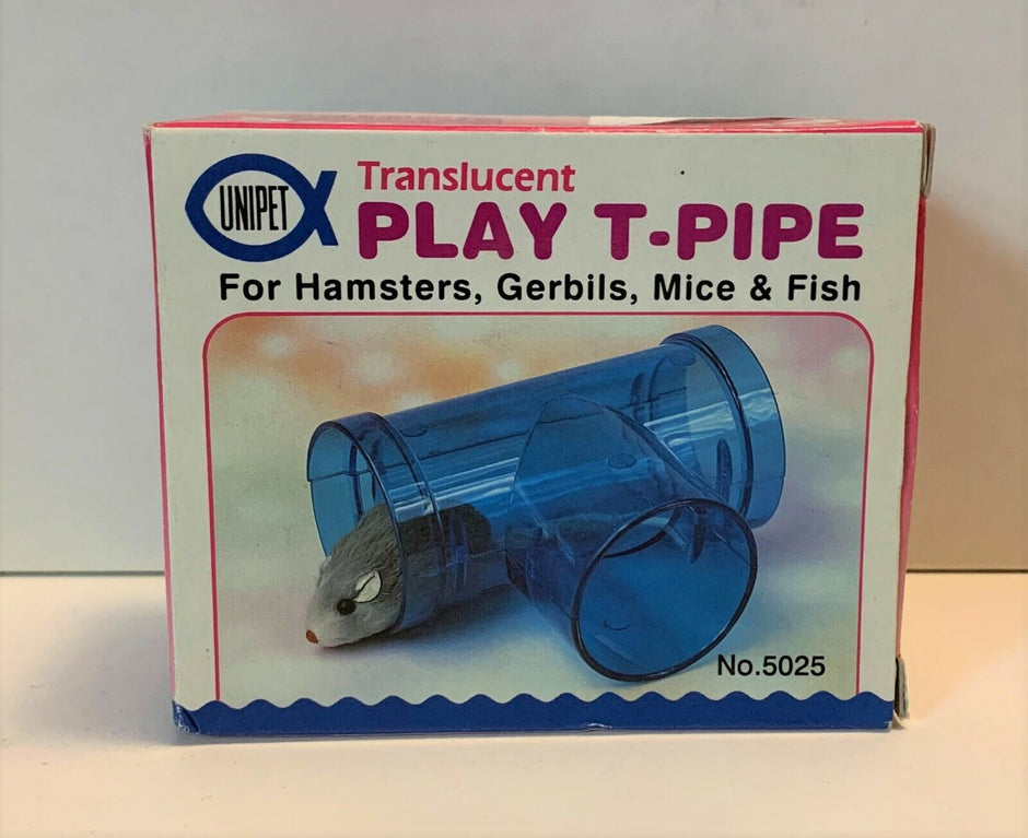 Retail box for the Unipet Translucent Play T-Pipe toy for hamsters, gerbils, mice and fish, showing a blue T-shaped plastic tunnel with a toy mouse figurine