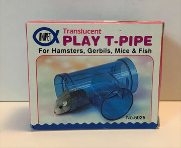 Retail box for the Unipet Translucent Play T-Pipe toy for hamsters, gerbils, mice and fish, showing a blue T-shaped plastic tunnel with a toy mouse figurine