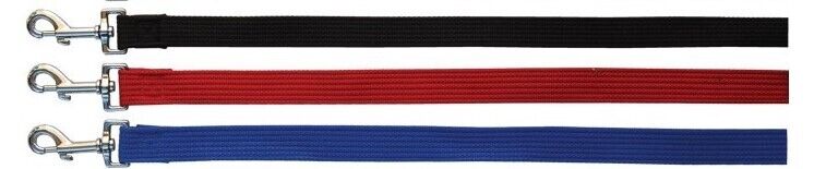 Beau Pets 12mm webbing dog leads shown in black, red, and blue with chrome-plated snap hooks