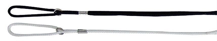 Beau Pets 3mm nylon show cord leads in black and white, showing the loop handle, swivel, and slide fitting on each lead.