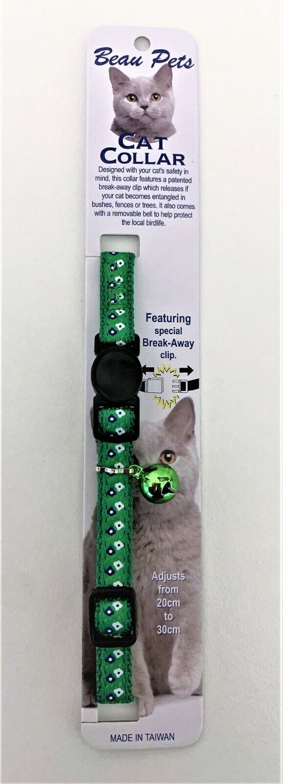 Beau Pets green flower ribbon cat collar with break-away clip and green bell, shown in retail packaging. Adjusts 20–30 cm.