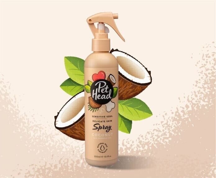 Pet Head Sensitive Soul Delicate Skin Dog Spray 300ml trigger-spray bottle with coconut imagery on a warm beige background
