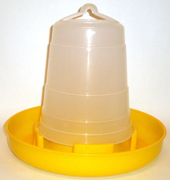 GoPetPlace 4kg plastic poultry feeder with translucent barrel and yellow base tray, showing hanging hook at top