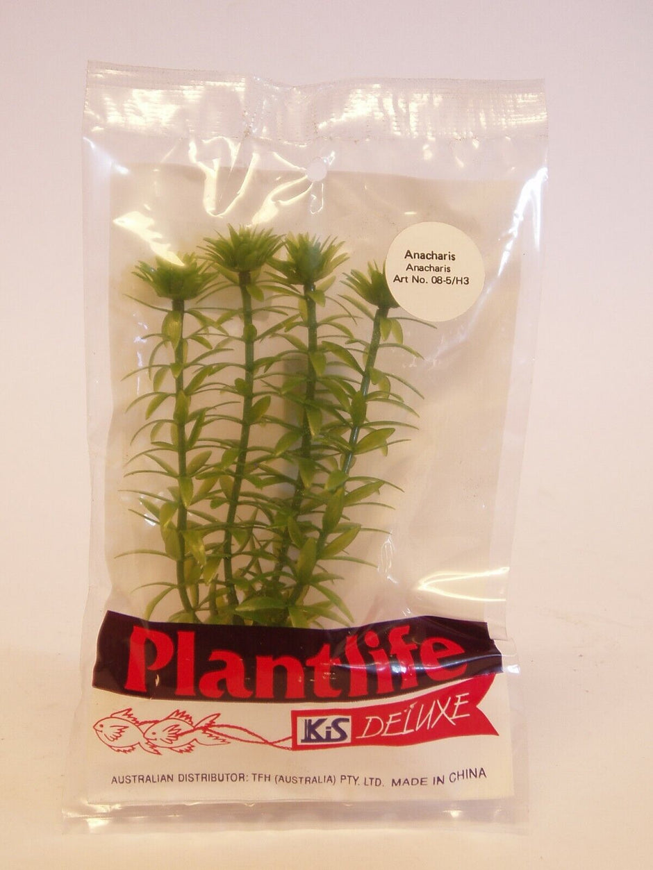 KIS Aquarium Plantlife Deluxe artificial Anacharis plant in its original sealed packaging, showing the green stem plant and product label.