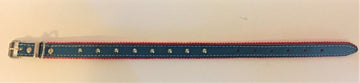 Full-length view of the teal leather studded dog collar showing the metal buckle and red felt lining along the edges.