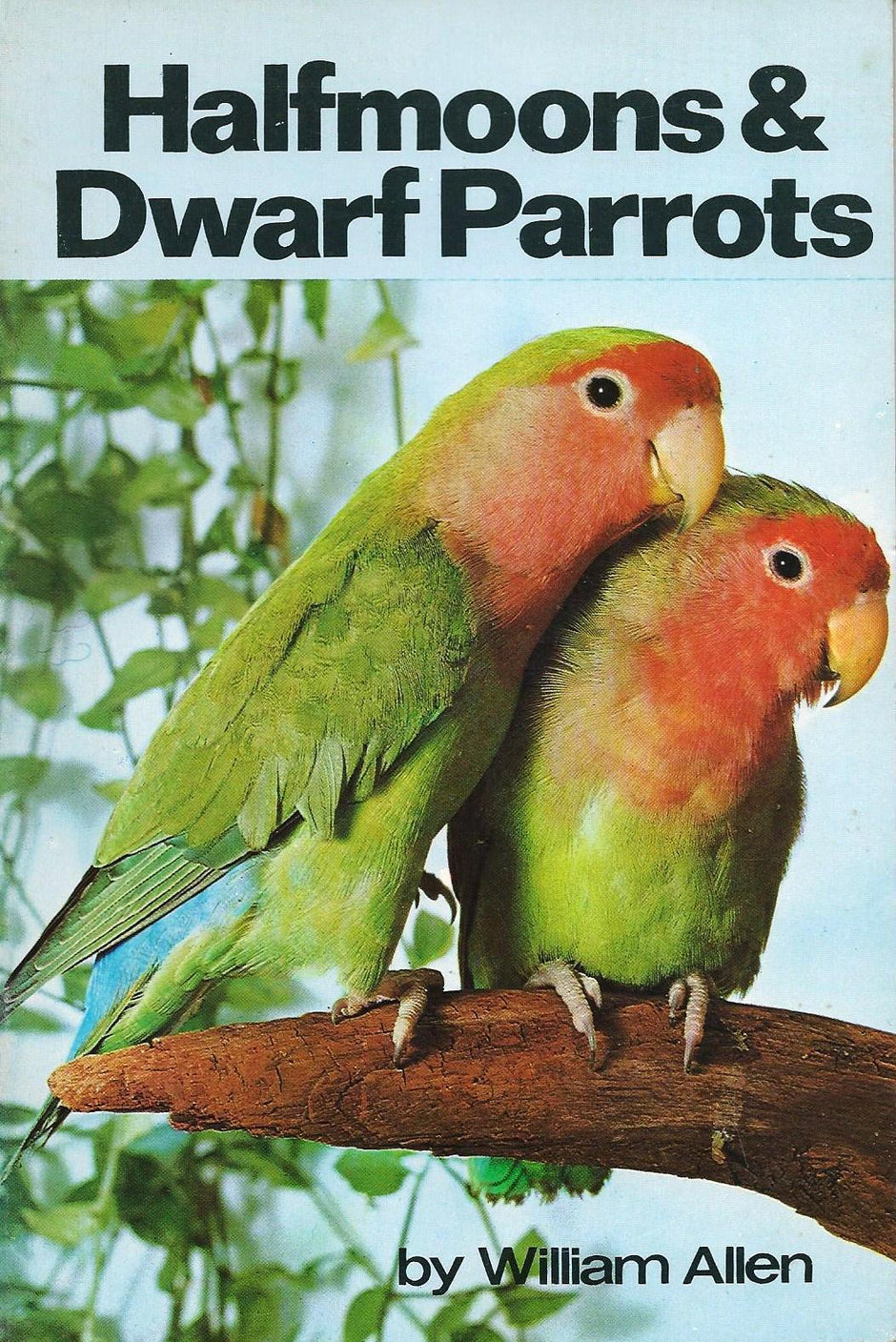 Front cover of Halfmoons & Dwarf Parrots by William Allen, showing two green and red-faced parrots perched together on a branch