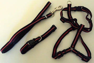 GoPetPlace three-piece reflective set laid flat — black webbing harness, lead with clip, and adjustable collar, all with red and grey reflective stitching
