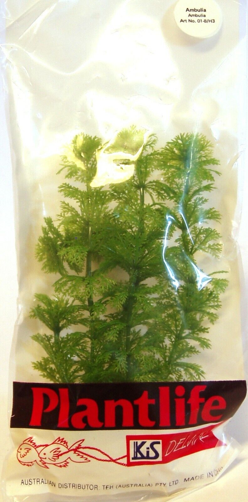 KIS Aquarium Plantlife Deluxe artificial Ambulia plant in its original sealed packaging, showing the feathery green plastic stems.