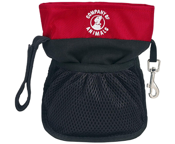Company of Animals Pro Treat Bag in red and black, showing the mesh front panel, magnetic-popper closure, belt clip, and embroidered logo.