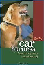 Beau Pets dog car harness worn by a golden retriever seated in a car, with the product packaging visible showing the text 'car harness'.