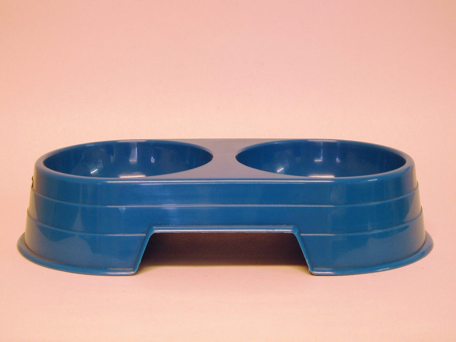 GoPetPlace blue plastic double pet bowl with two side-by-side bowls on a moulded base, shown on a plain background.