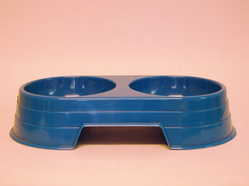 GoPetPlace blue plastic double pet bowl with two side-by-side bowls on a moulded base, shown on a plain background.