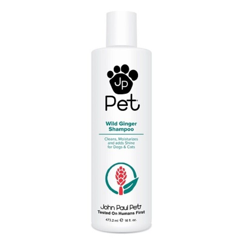 John Paul Pet Wild Ginger Shampoo 473.2ml bottle for dogs and cats, showing the JP Pet logo and botanical ginger illustration on a white background
