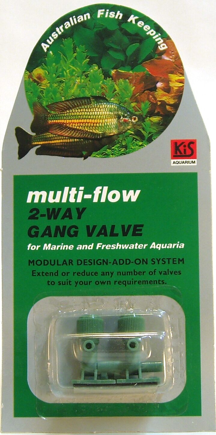 KIS Aquarium Multi Flow 2-way gang valve shown in retail packaging, with the valve unit visible in a blister pack against a green card backing.
