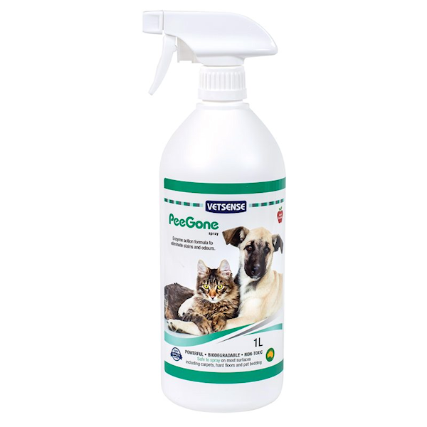 Vetsense PeeGone 1 litre trigger spray bottle with cat and dog imagery on the label, showing biodegradable and non-toxic icons