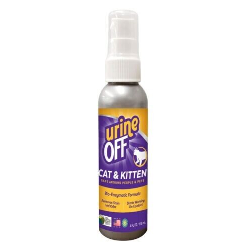 Urine Off Cat & Kitten bio-enzymatic formula in a 118ml travel-size pump spray bottle