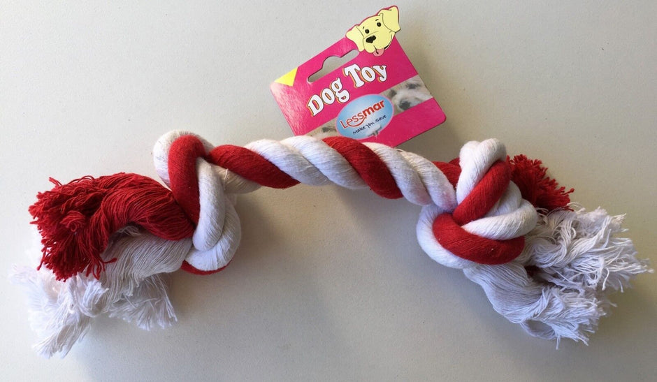 Lessmar red and white cotton rope bone dog toy with two knots, 33cm, shown on a plain background with product tag attached.