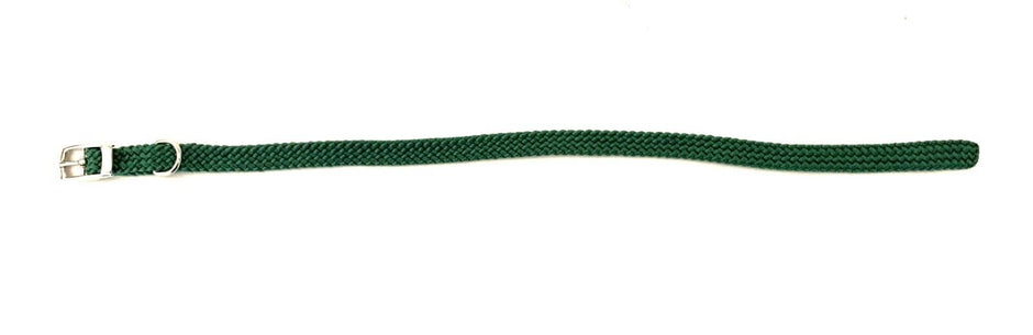 GoPetPlace green braided nylon puppy collar, 10mm wide, with silver pin-buckle fastening, laid flat on white background