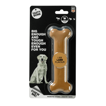 Tasty Bone Nylon Dog Chew in Lamb flavour for large dogs, shown in black retail packaging with a golden bone-shaped chew visible through the blister window.