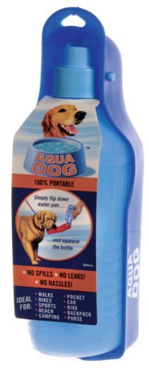 Aqua Dog 500ml portable dog water bottle in blue, showing the hinged flip-down drinking pan and product packaging with a golden retriever pictured on the label.