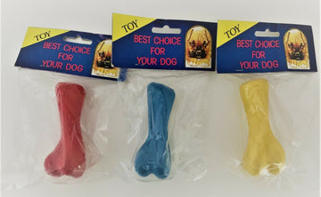 Three individually packaged GoPetPlace solid rubber dog bone toys in red, blue, and yellow, displayed side by side in their retail packaging.