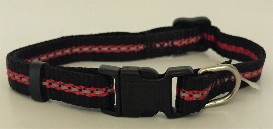 Black 10mm adjustable puppy collar with red and reflective thread stripe, plastic click buckle, and stainless steel D ring