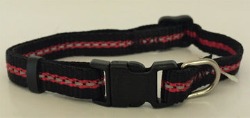 Black 10mm adjustable puppy collar with red and reflective thread stripe, plastic click buckle, and stainless steel D ring