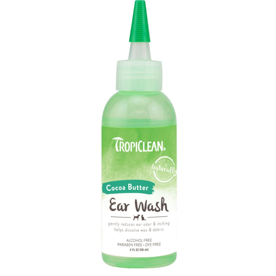 TropiClean Cocoa Butter Ear Wash 118ml bottle with green nozzle tip, labelled alcohol free, paraben free and dye free, for dogs and cats