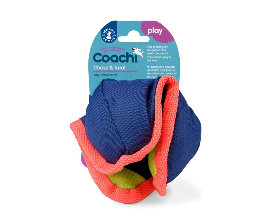 Coachi Chase & Treat dog toy in navy, lime and coral colourway shown in retail packaging