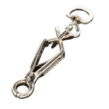 Herm Sprenger chrome-plated steel scissor snap hook (French snap) with welded swivel, showing the slide-bar mechanism and eye attachments
