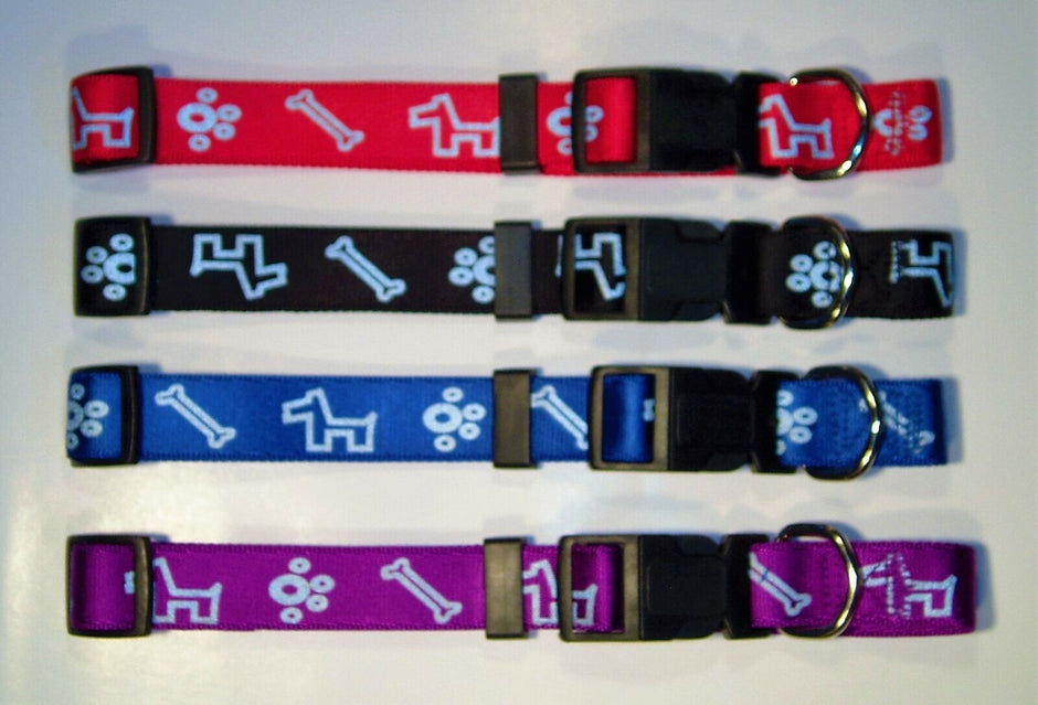 Beau Pets adjustable nylon dog collars in red, black, blue, and purple, each showing the paw and bone motif, plastic click buckle, and stainless steel ring.