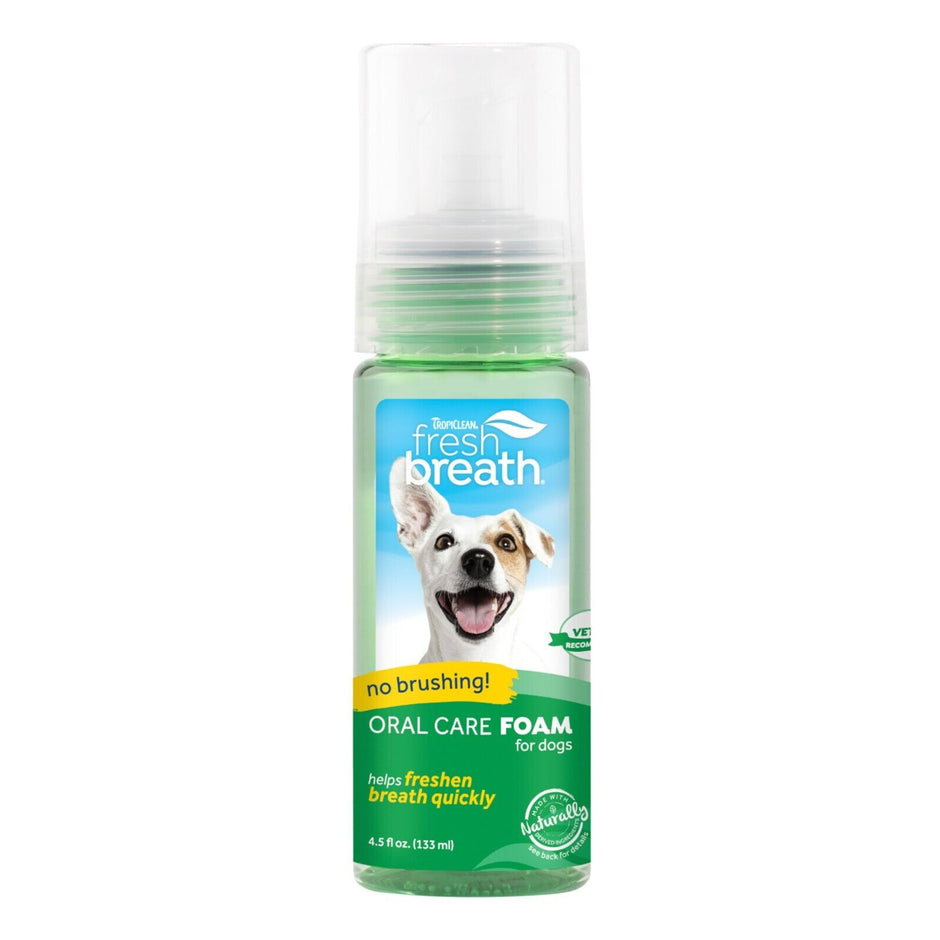 TropiClean Fresh Breath Oral Care Foam for dogs, 133ml pump bottle with green label showing a smiling dog and 'no brushing' callout