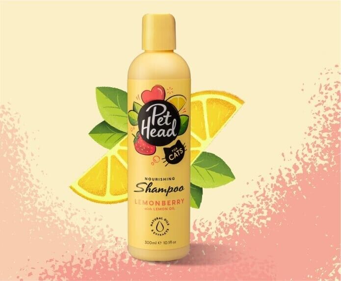 Pet Head Felin' Good Nourishing Cat Shampoo in Lemonberry, 300ml yellow bottle, shown against a background of lemon slices and green leaves.