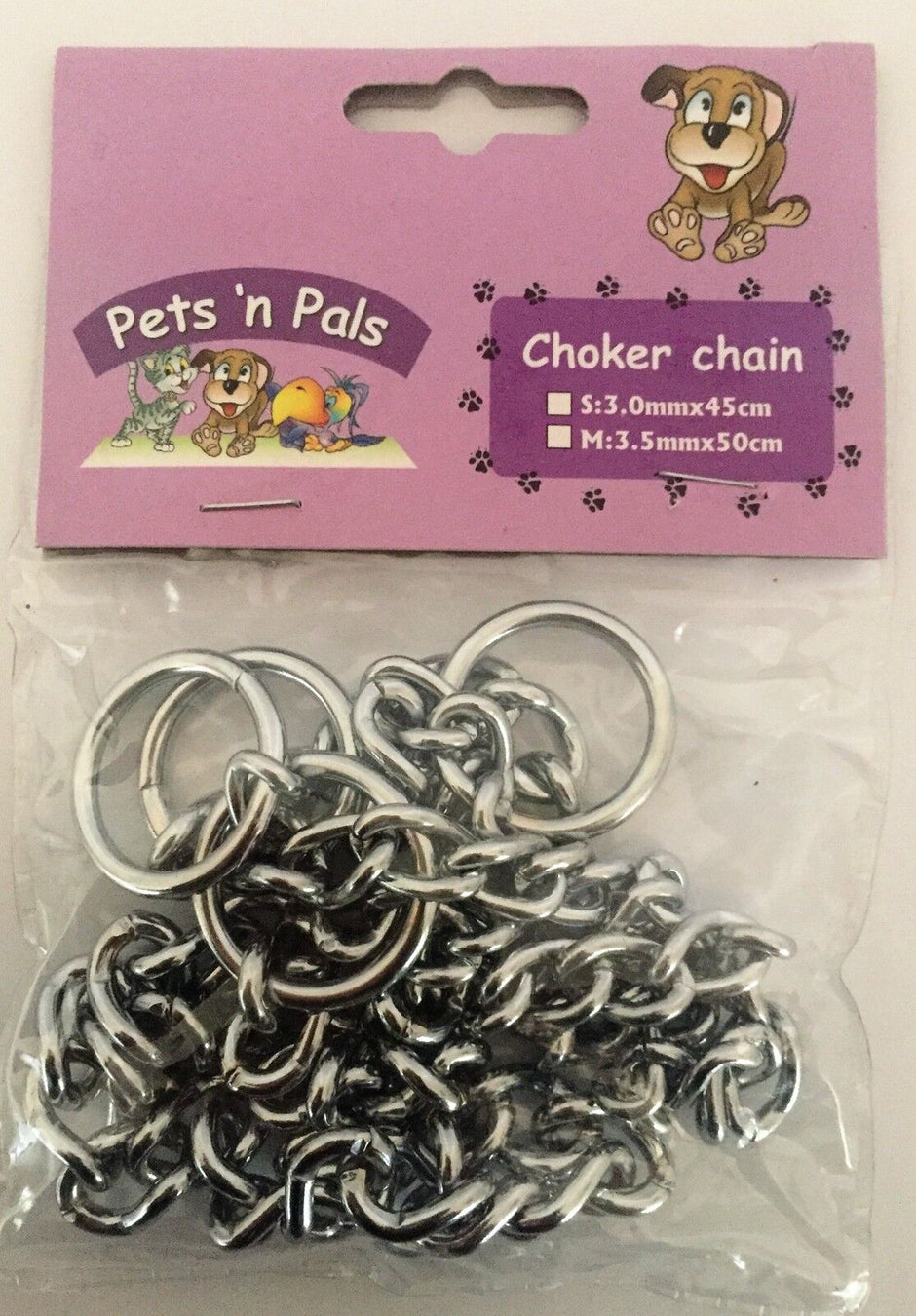 Pets n' Pals choker chain 2-pack retail packaging showing two chrome slip collars — sizes 3.0mm×45cm and 3.5mm×50cm — in a sealed plastic bag with purple branded card header.